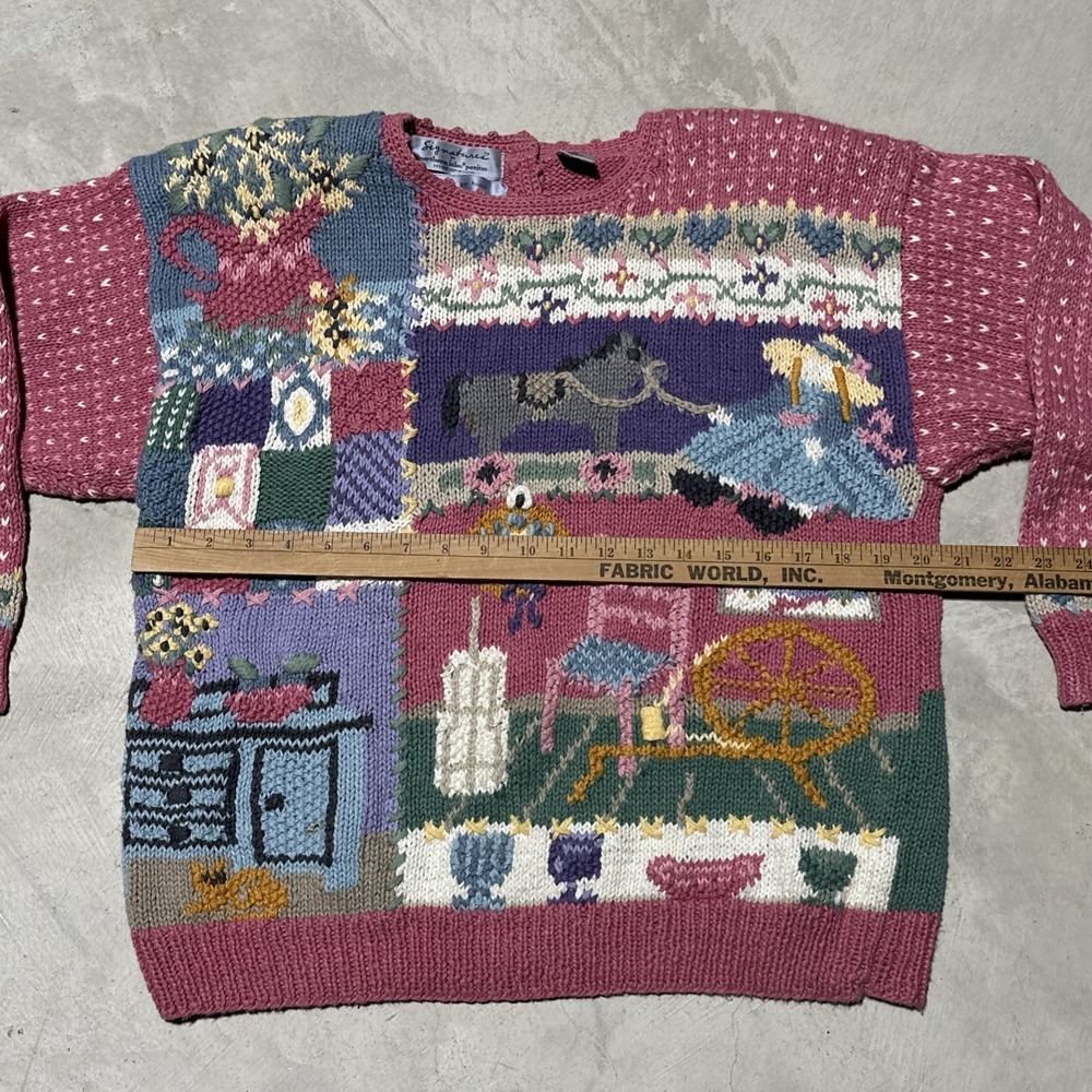 Vintage Hand Knitted Cardigan Sweater SZ L Cottagecore Antiques Farm House Pink - Picture 7 of 13